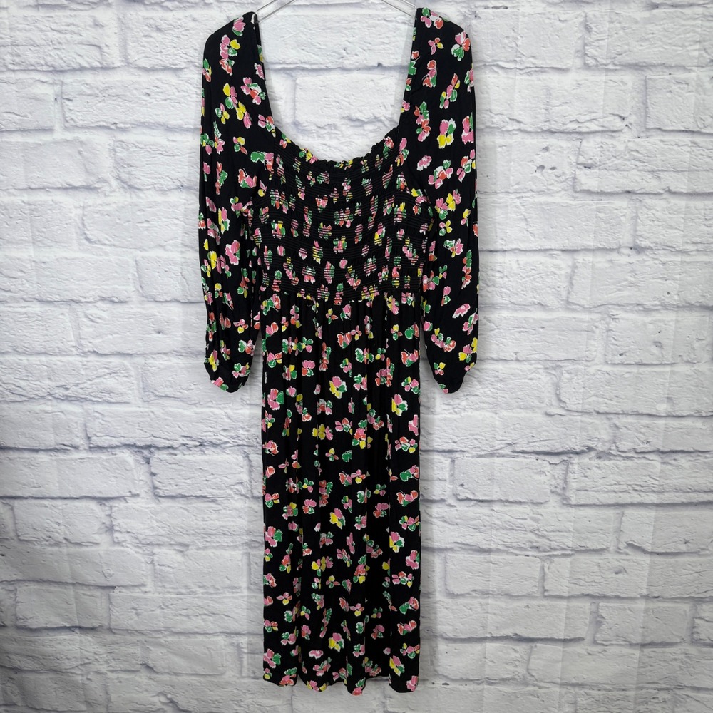 Scoop Floral Smocked Midi Dress Womens XL Black Multi Cottagecore Romantic - Picture 3 of 11